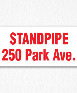 Standpipe 250 Park Ave. Sign in Red Text