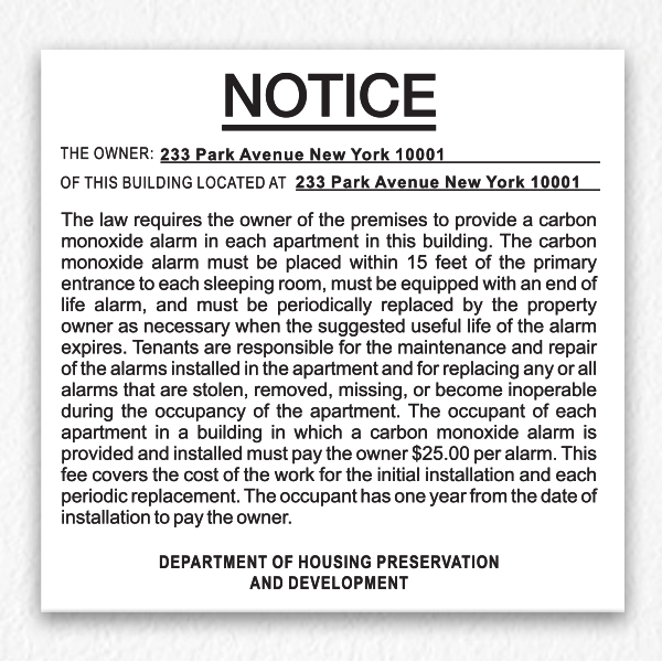 Carbon Monoxide Alarm Notice NYC in Black text