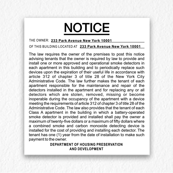 Building Smoke Detectors Notice NYC in Black Text