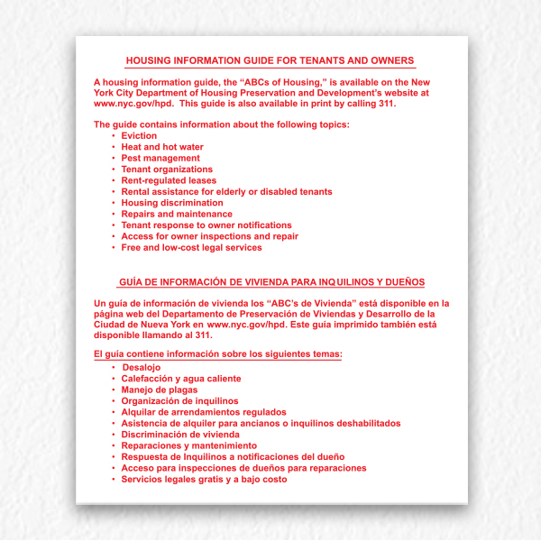 Housing Information Guide Sign for Tenant and Owner in Red Text