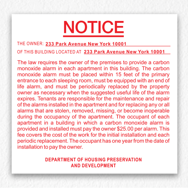 Carbon Monoxide Alarm Notice NYC in Red text