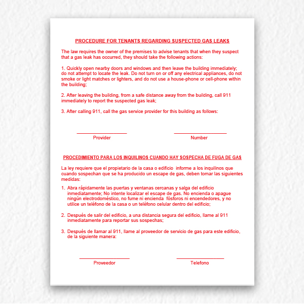 Suspected Gas Leaks Sign NYC in Red Text