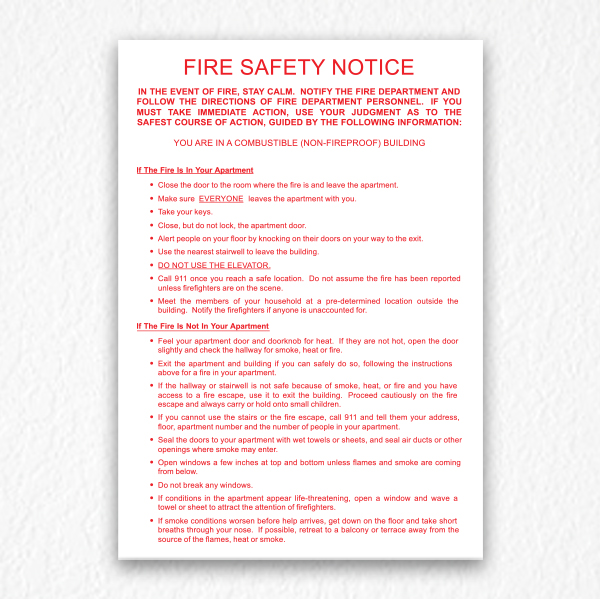 Building Fire Safety Notice in Red Text