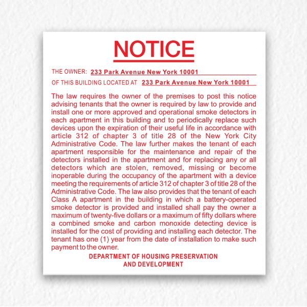 Building Smoke Detectors Notice NYC in Red Text