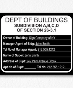 Department of Building Sign with Owner Information NYC in Black