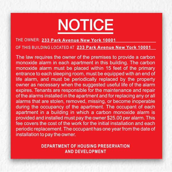 Carbon Monoxide Alarm Notice NYC in Red