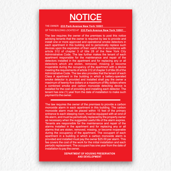 Smoke Detectors & Carbon Monoxide Notice NYC in Red