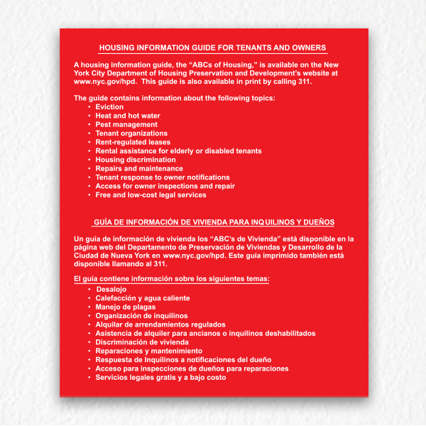 Housing Information Guide Sign for Tenant and Owner in Red