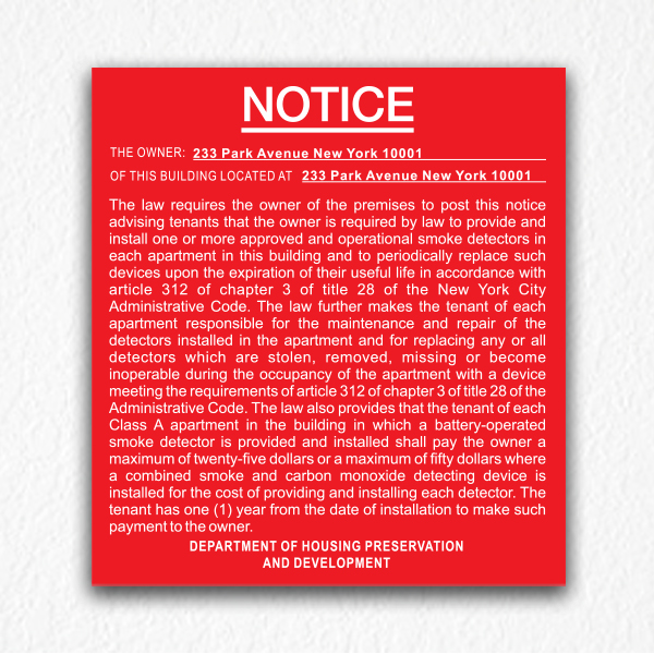 Building Smoke Detectors Notice NYC in Red