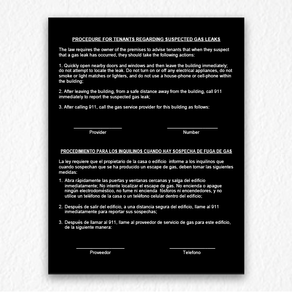Suspected Gas Leaks Sign NYC in Black