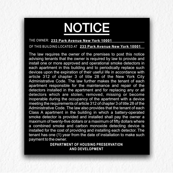 Building Smoke Detectors Notice NYC in Black