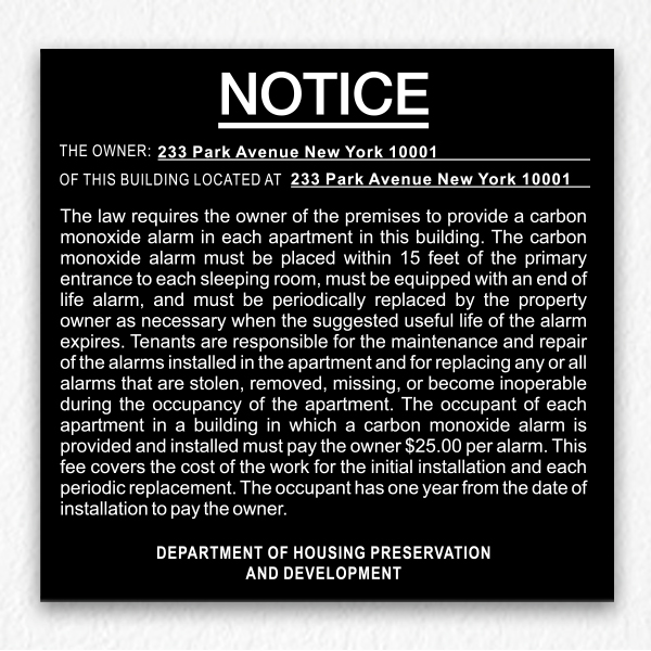 Carbon Monoxide Alarm Notice NYC in Black