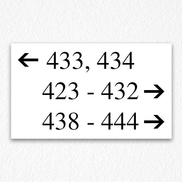 Directional Room Number Sign in Black text